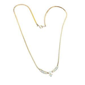 Vintage Gold Tone Necklace Clear Rhinestones Opal Pendant Bib Flat Chain Estate